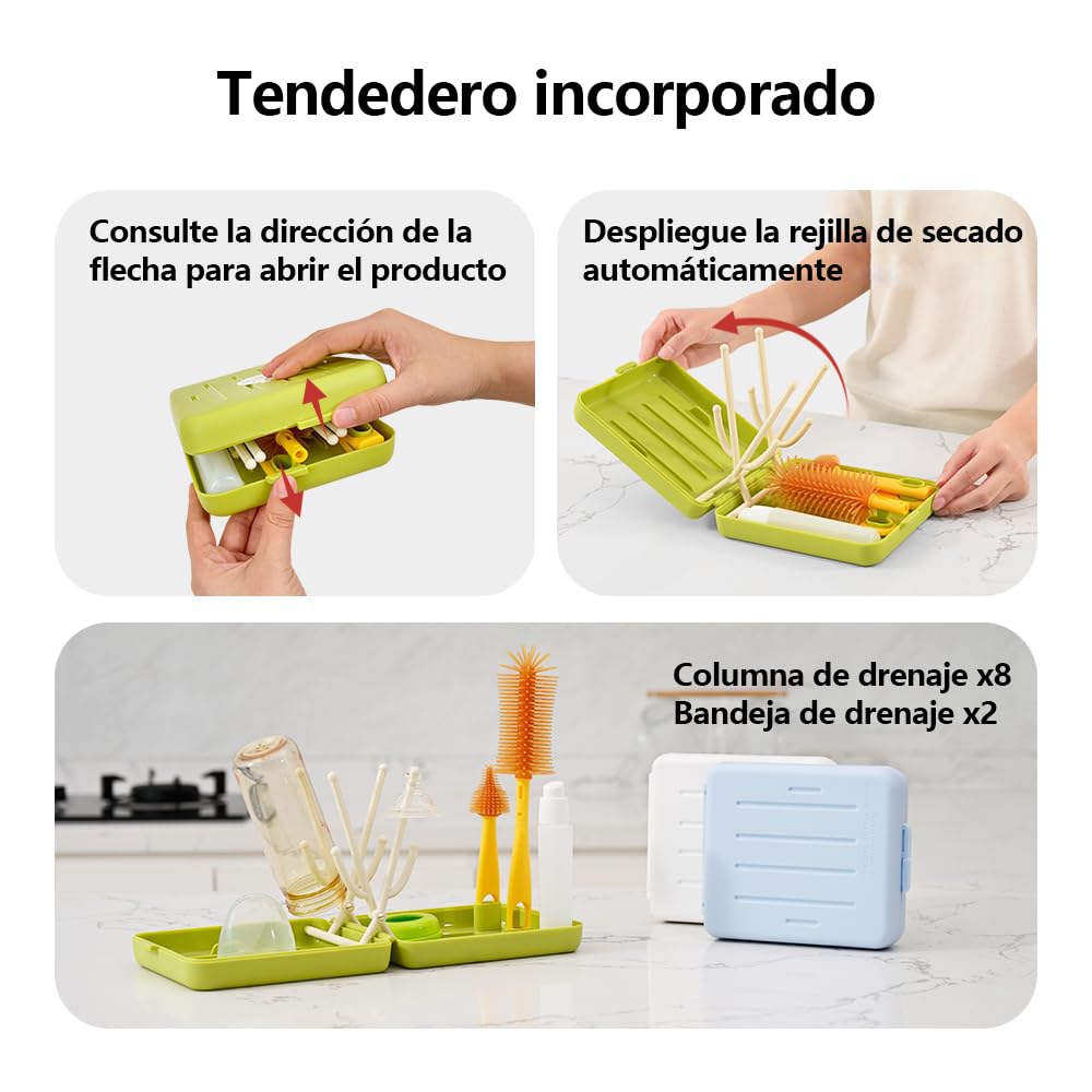 YOU ER MEI Estante de Secado de Biberones de Viaje con Juego de Brochas para Mamilas y Chupones