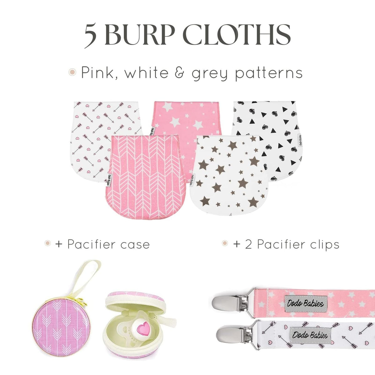Baby Burp Cloths Pack of 5 by Dodo Babies + 2 Pacifier Clips + Pacifier Case Premium Quality For Girls Soft and Absorbent Excellent Baby Shower/Registry Gift