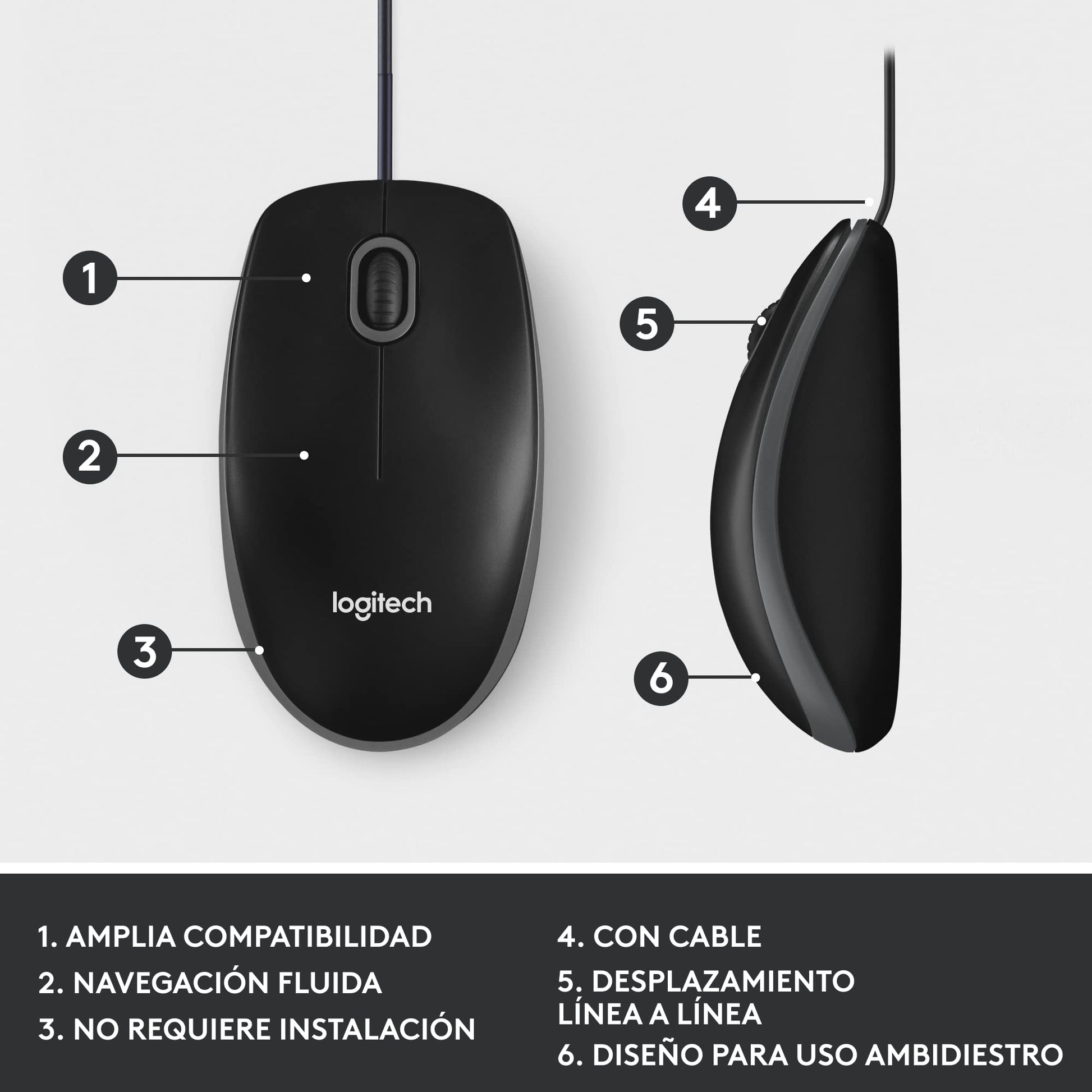 Logitech M100 Mouse con Cable USB, 3 Botones, Seguimiento Óptico, 1000 DPI, Ambidiestro, Compatible con PC, Mac, Laptop - Negro