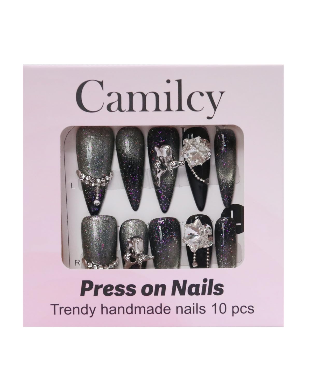 Camilcy Clavos Hechos A Mano, Punta Larga, Negra, Pintada A Mano, Reutilizable, Gel, Acabado Uv, Uñas Postizas Preformadas para Mujeres, 10 Piezas, Uñas 3D, Con Estrás, Prensa En Uñas(Negro, Talla M,