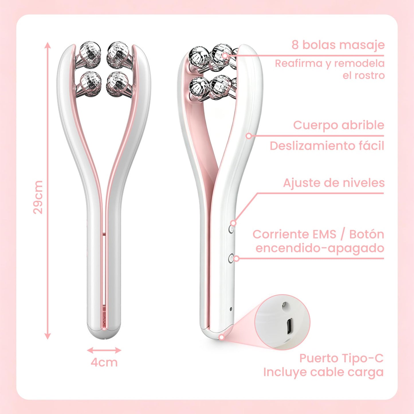 Masajeador Facial de EMS, Rodillo Facial Antiarrugas, 3 Niveles Regulables, para Lifting Facial, Reafirmacion Facial y Reduce la Papada, Apto para Rostro, Cuello, Piernas y Brazos
