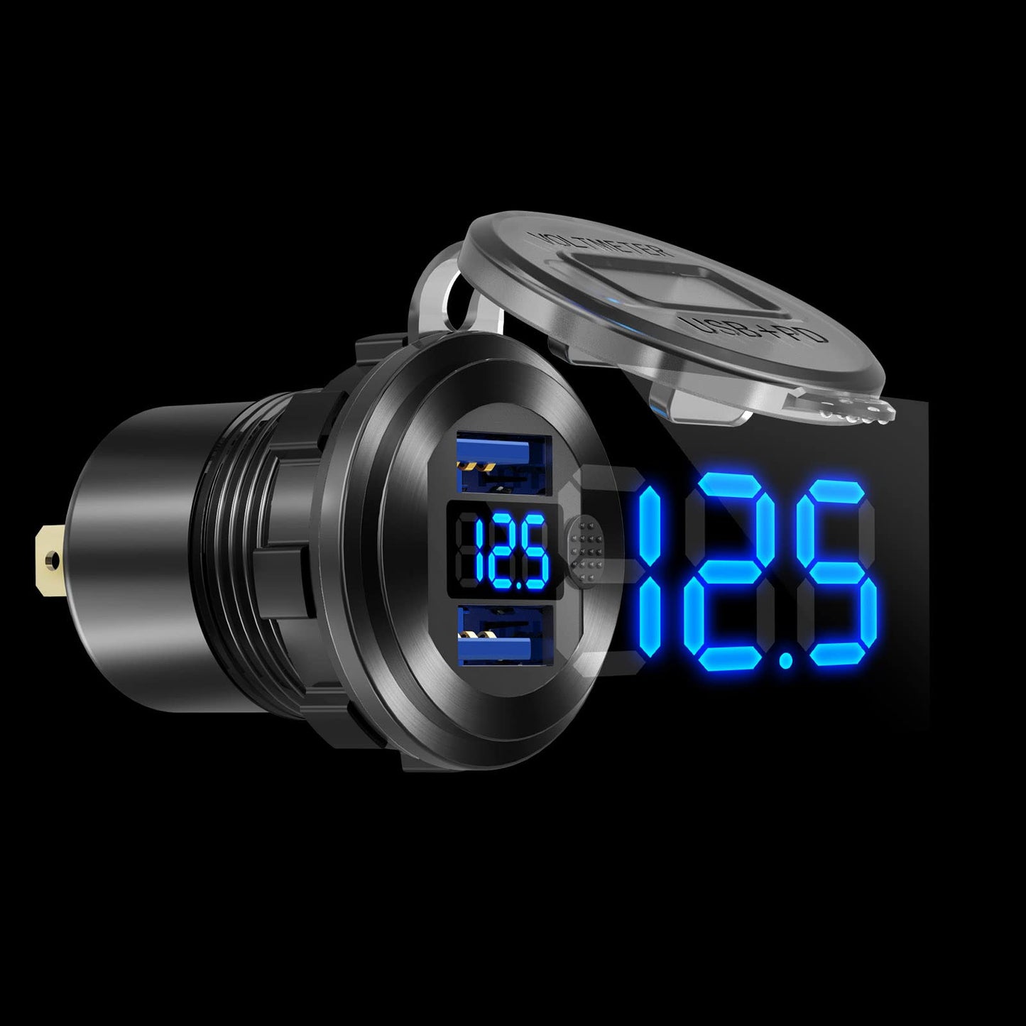 Toma de corriente USB de 12 V/24 V, carga rápida 3.0, enchufe de cargador de coche de doble puerto con voltímetro azul, cargador USB de aluminio impermeable, kit de bricolaje para coche, motocicleta