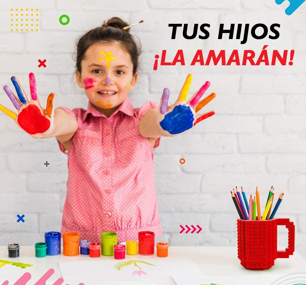 John & John Taza armable de diseño Divertido para Ladrillos, Incluye un muñeco y 2 Sets de Bloques de construcción para Jugar (10 Colores) - Rojo