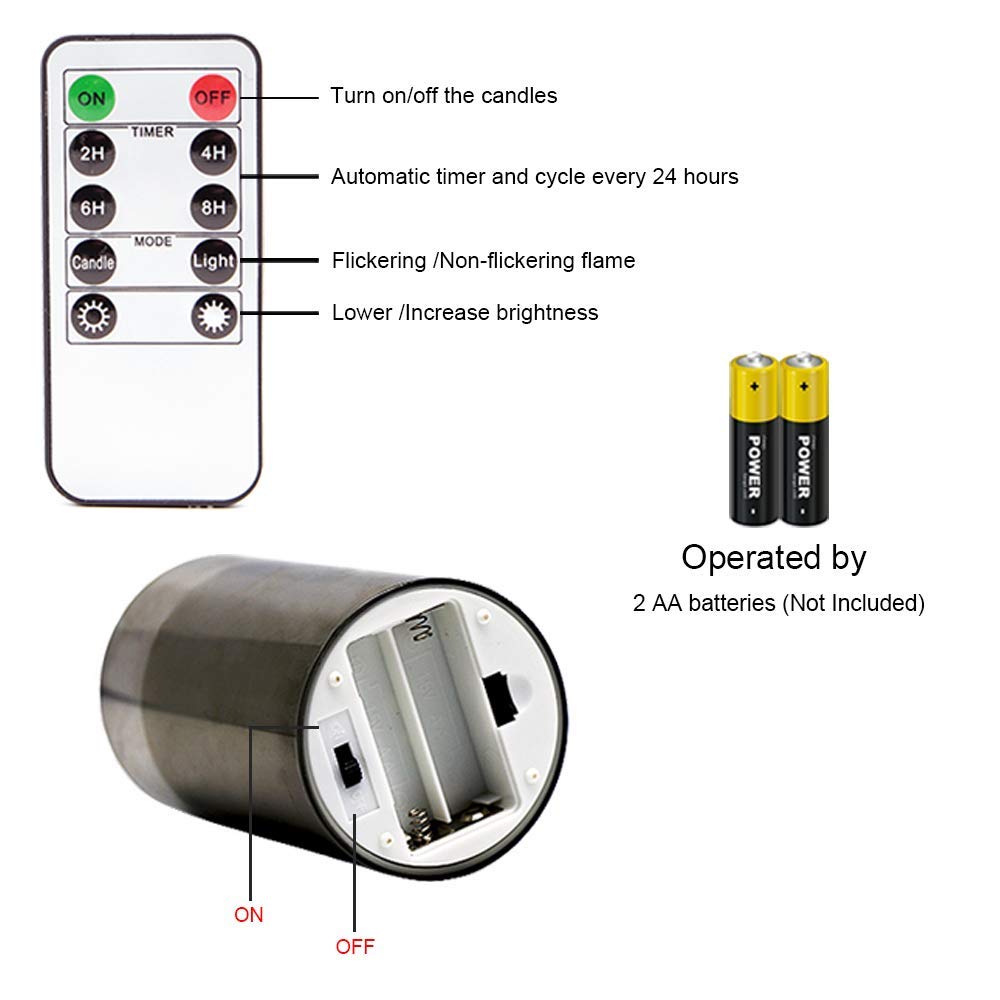 GenSwin - Velas led sin llama de vidrio gris con control remoto de 10 teclas y temporizador, velas de cera real, luz blanca cálida parpadeante para decoración del hogar (juego de 3)