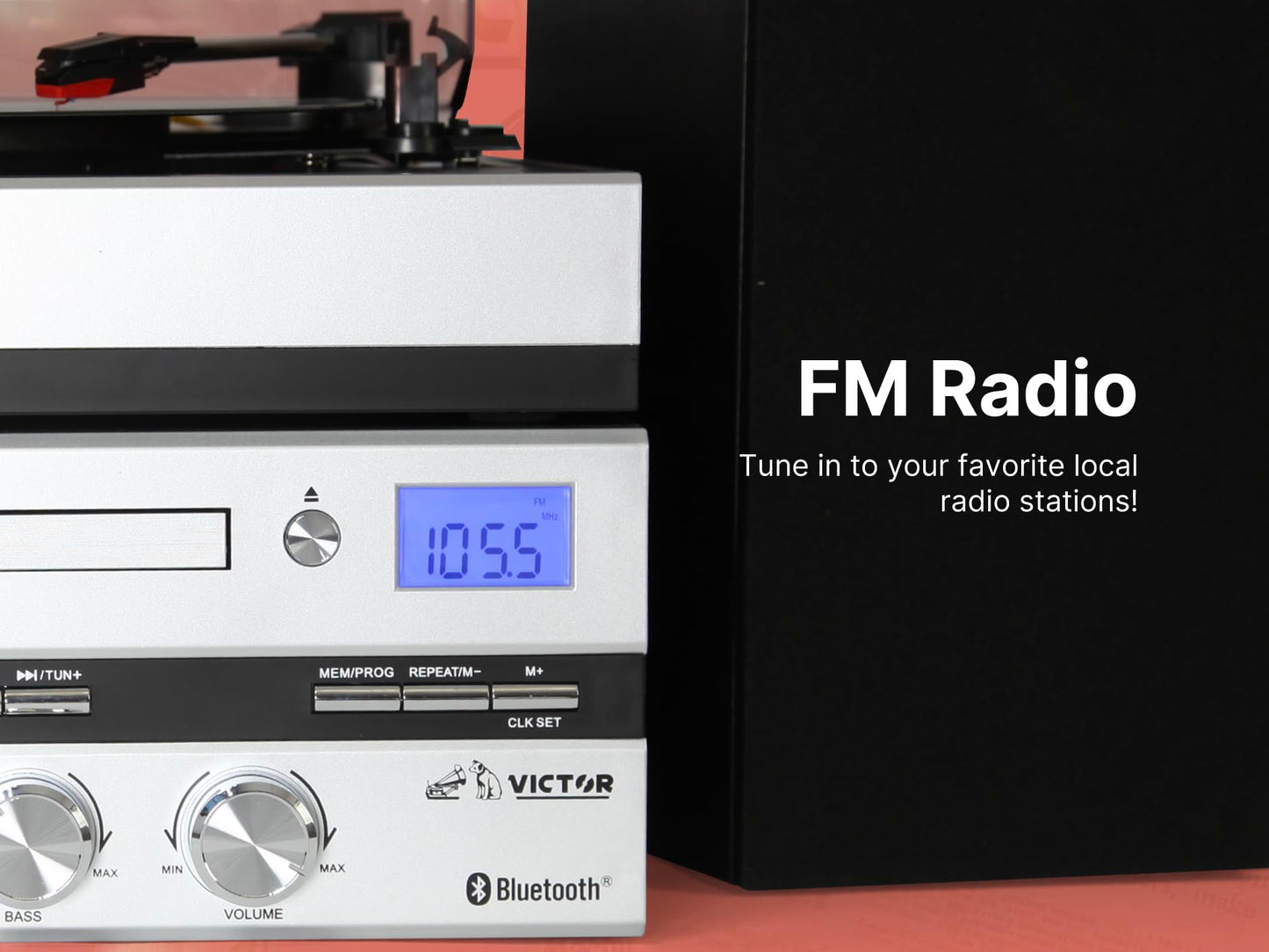 Victor VDTS-5400 Geneva Centro de música 5 en 1 con Bluetooth, Reproductor de CD, Radio FM, reproducción USB, Entrada Auxiliar, Control Remoto y Altavoces estéreo Separados, Perfecto para Amantes de