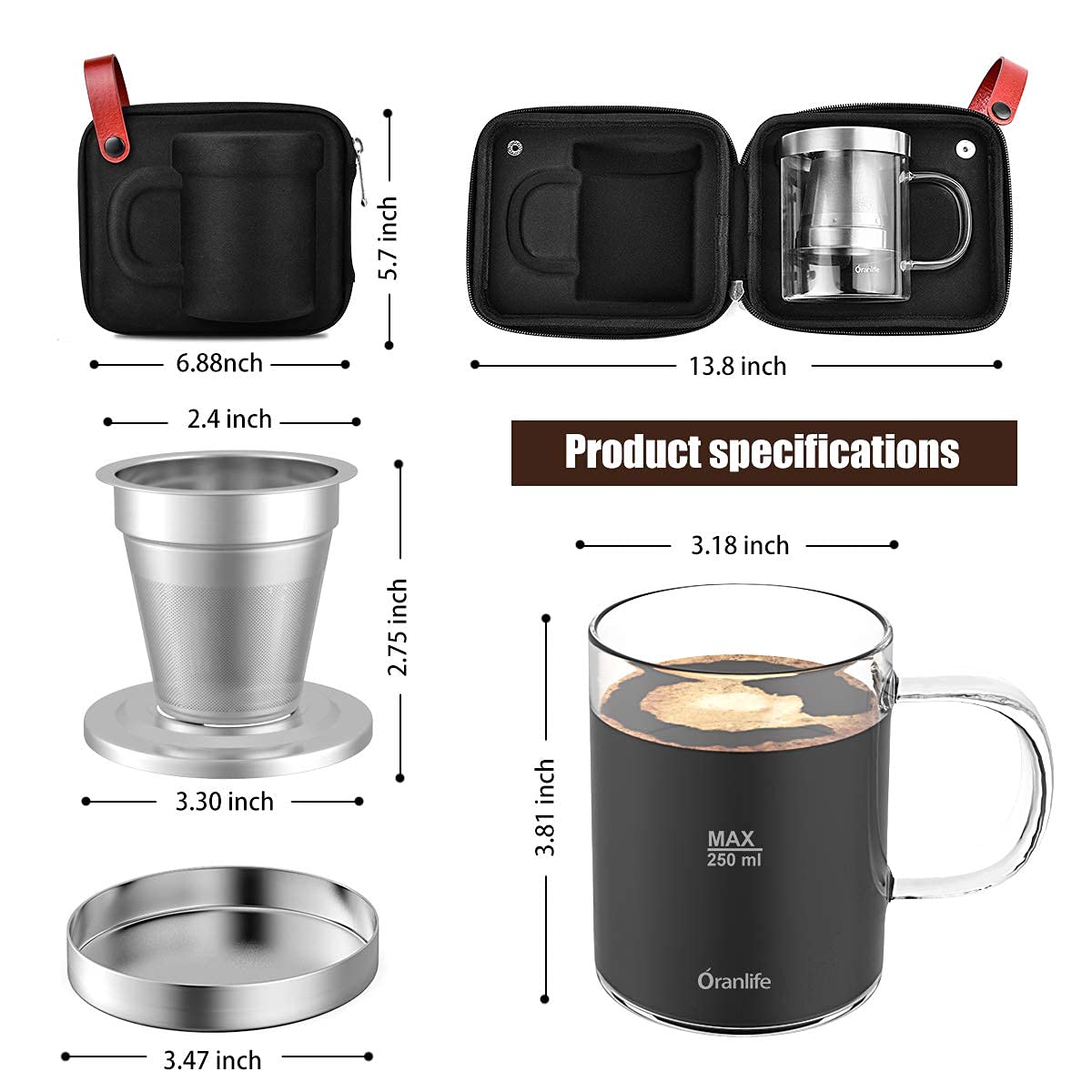 Juego de Cafetera Oranlife de Vidrio Borosilicato 14oz para Viajar y Acampar