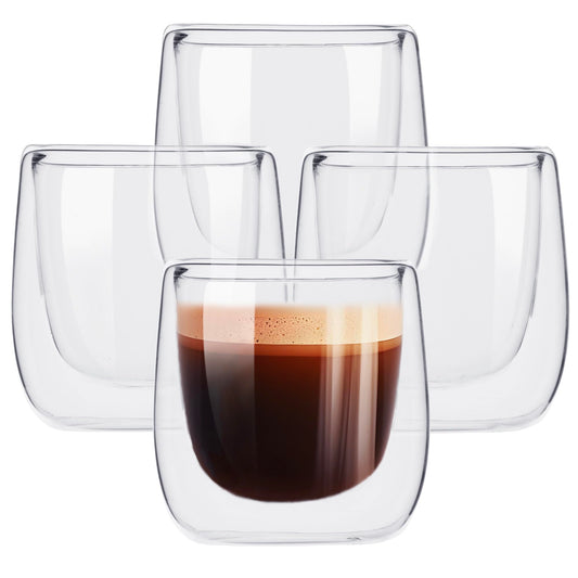 MAGMALIFE Vasos de Cristal de Doble Pared de 80 ml (2.7 Onzas), Vidrio Térmico Doble Fondo. Set de 4 Piezas, Tamaño Ideal Para Espresso. Elegancia y versatilidad en cada sorbo. ¡Disfruta al máximo!