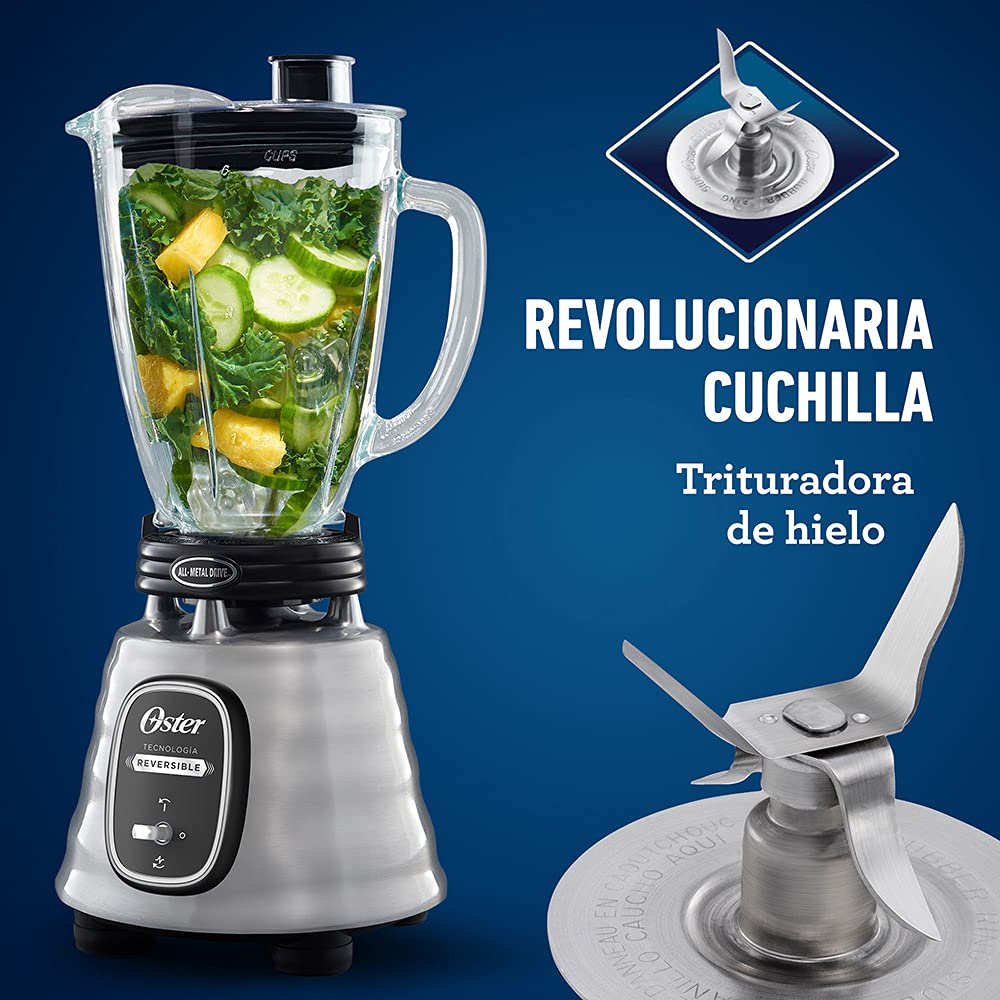 Licuadora Oster Cromada Reversible con Vaso de Vidrio
