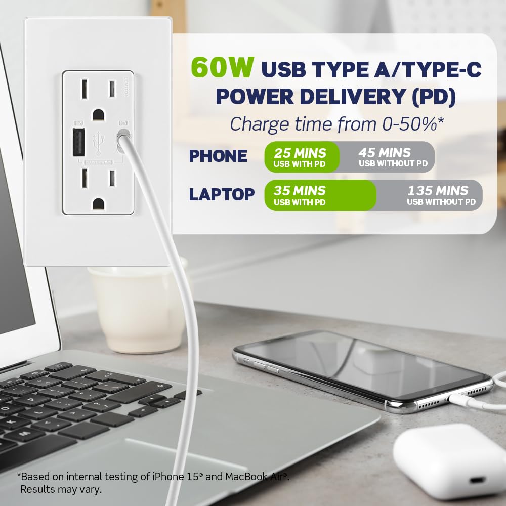 Leviton T5634-W 60W (20V a 2.5A+ 5V a 2A) Cargador USB de Doble Tipo A/Tipo-C para Entrega de energía en la Pared con Toma de 15A Resistente a manipulaciones, Cargador USB para Smartphones, tabletas,