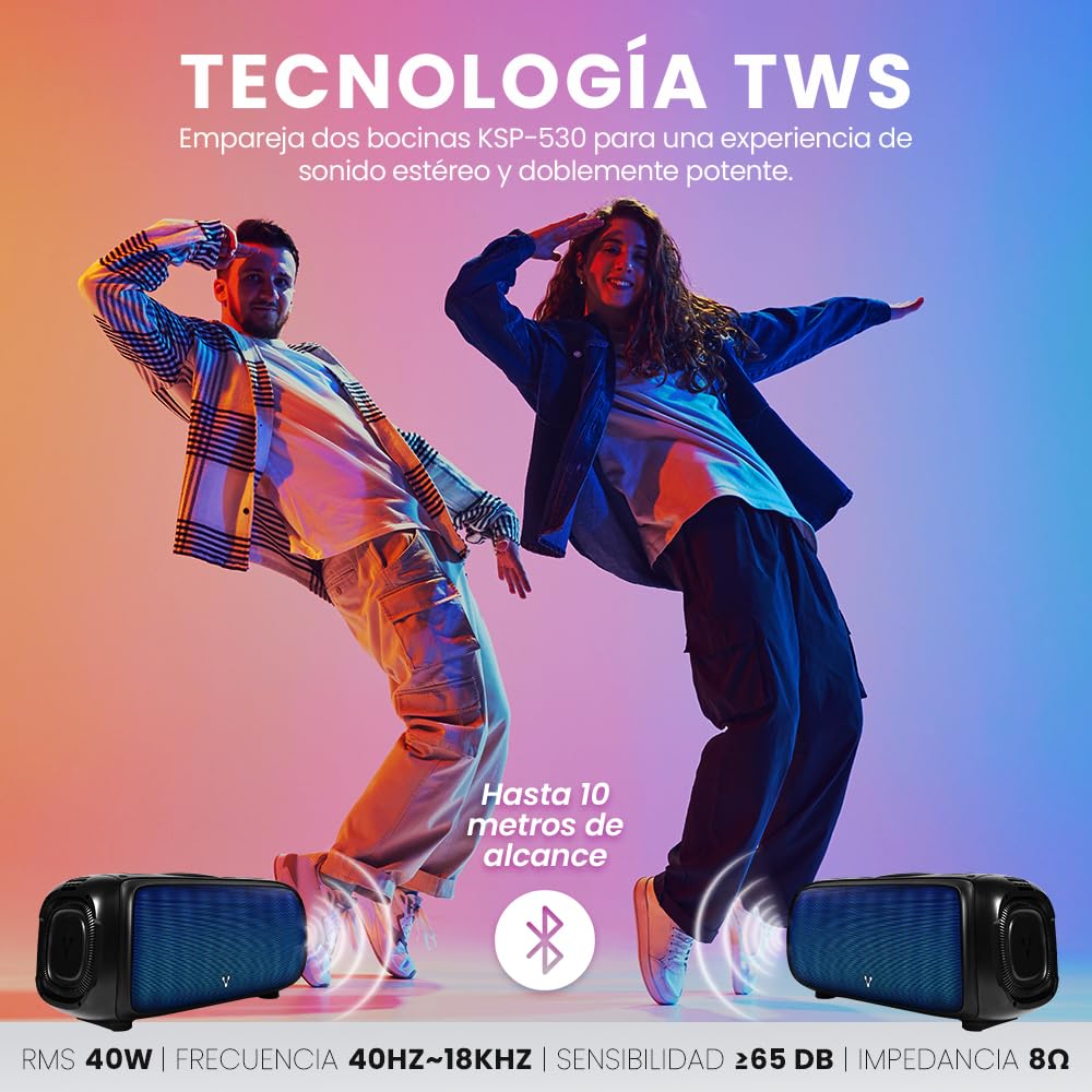 Bocina Portátil Bluetooth Vorago TWS Exterior Recargable con Micrófono y Control Remoto