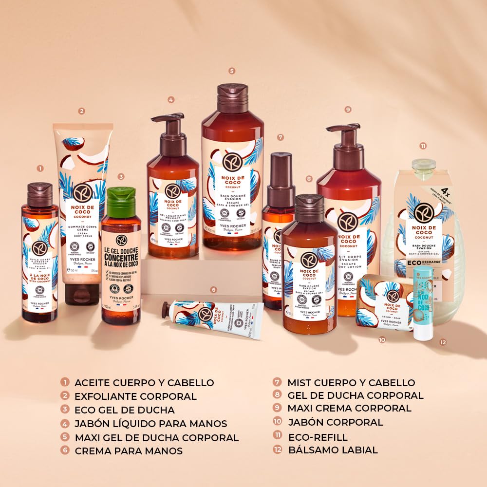YVES ROCHER - Set Eco-Refill Gel de Ducha Coco, Todo Tipo de Piel, Fórmula Vegana, Incluye 2 Geles 600 ml c/u