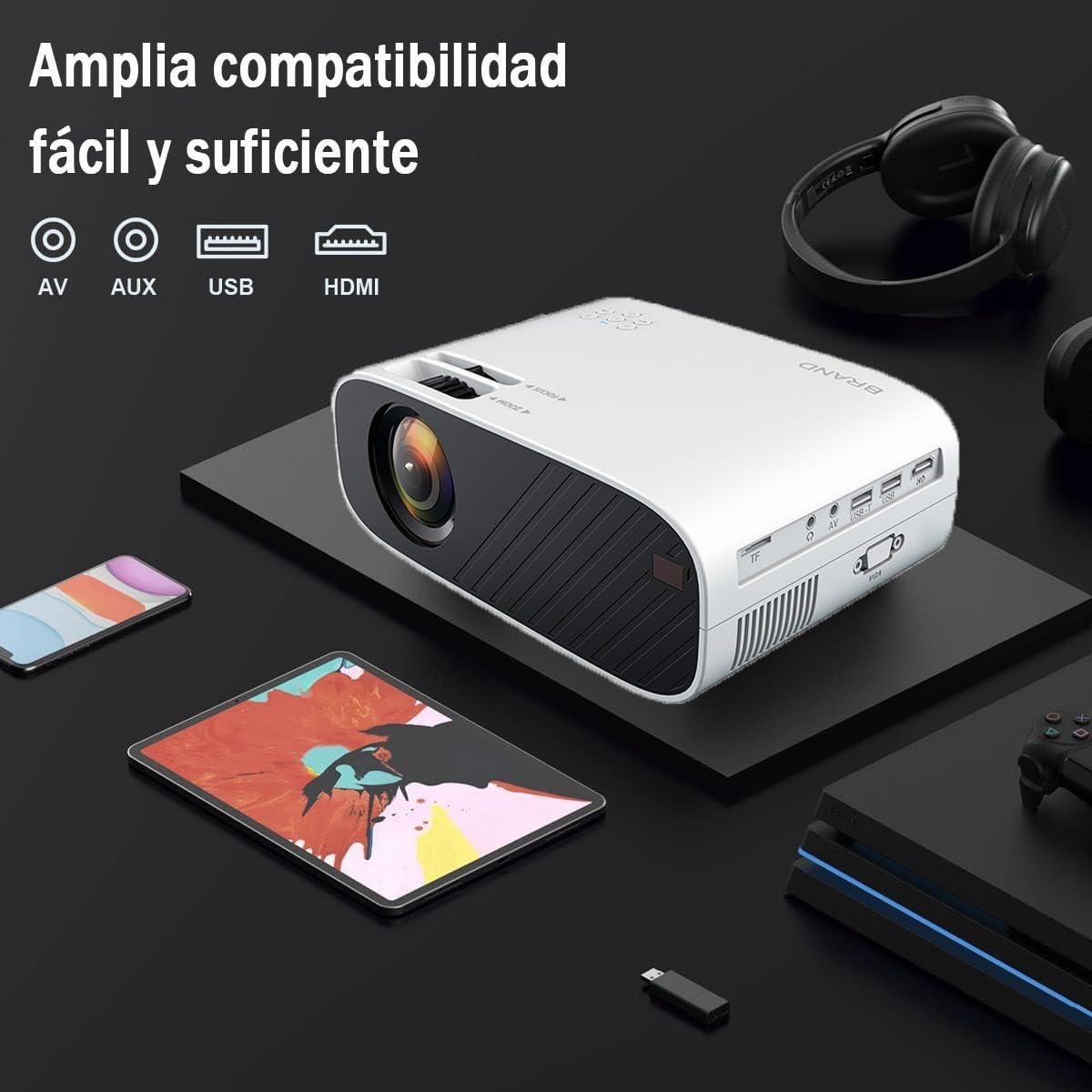 Kosiehouse Proyector Portátil Full HD 1080P Proyector de Películas Multimedia de Cine en Casa, Proyectores Compatible con HDMI, VGA, USB, AV, Chromecast, Mini Proyector para TV Box, PS4,Laptop,Game,PC
