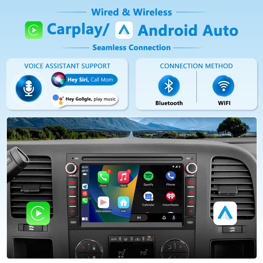 AWESAFE - Estéreo de coche para Chevrolet Silverado Tahoe GMC Sierra Yukon 2007-2013, Android 7 pulgadas visualización táctil Silverado Radio con CarPlay Android Auto Bluetooth GPS AM FM - Cámara