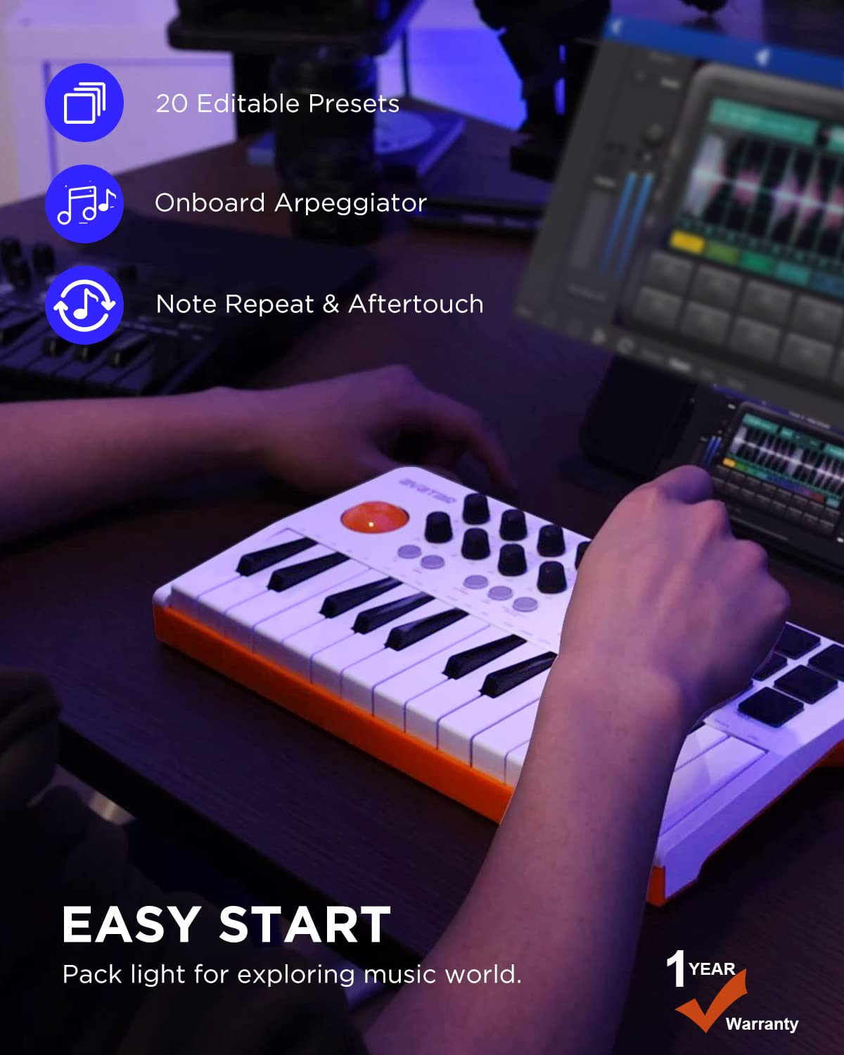 HXW EMK-25 - Teclado MIDI Bluetooth con 25 teclas, 9 almohadillas para orejas de ritmo retroiluminadas, visualización OLED, 8 perillas, software de producción musical incluido