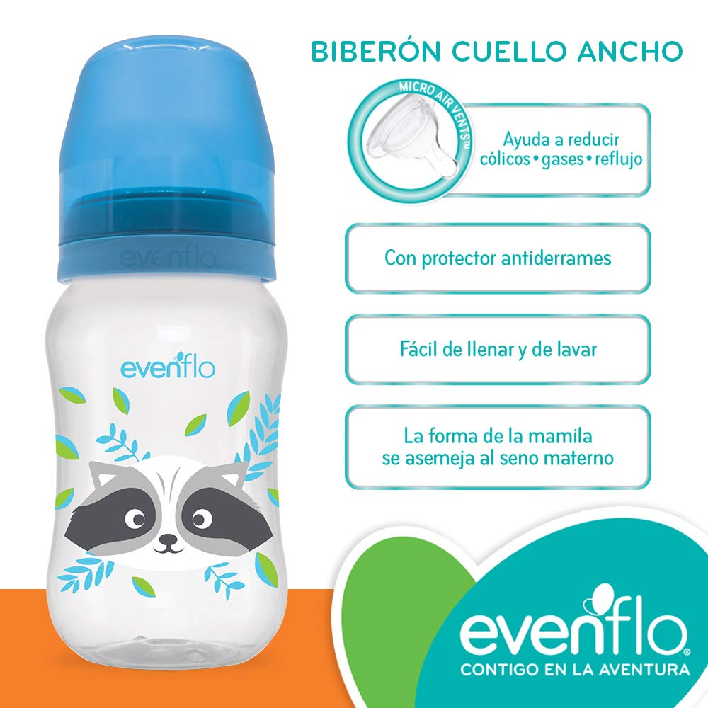 Biberón Evenflo Azul Anticólicos Cuello Ancho Niño 9oz/270ml 3 Piezas Flujo Medio