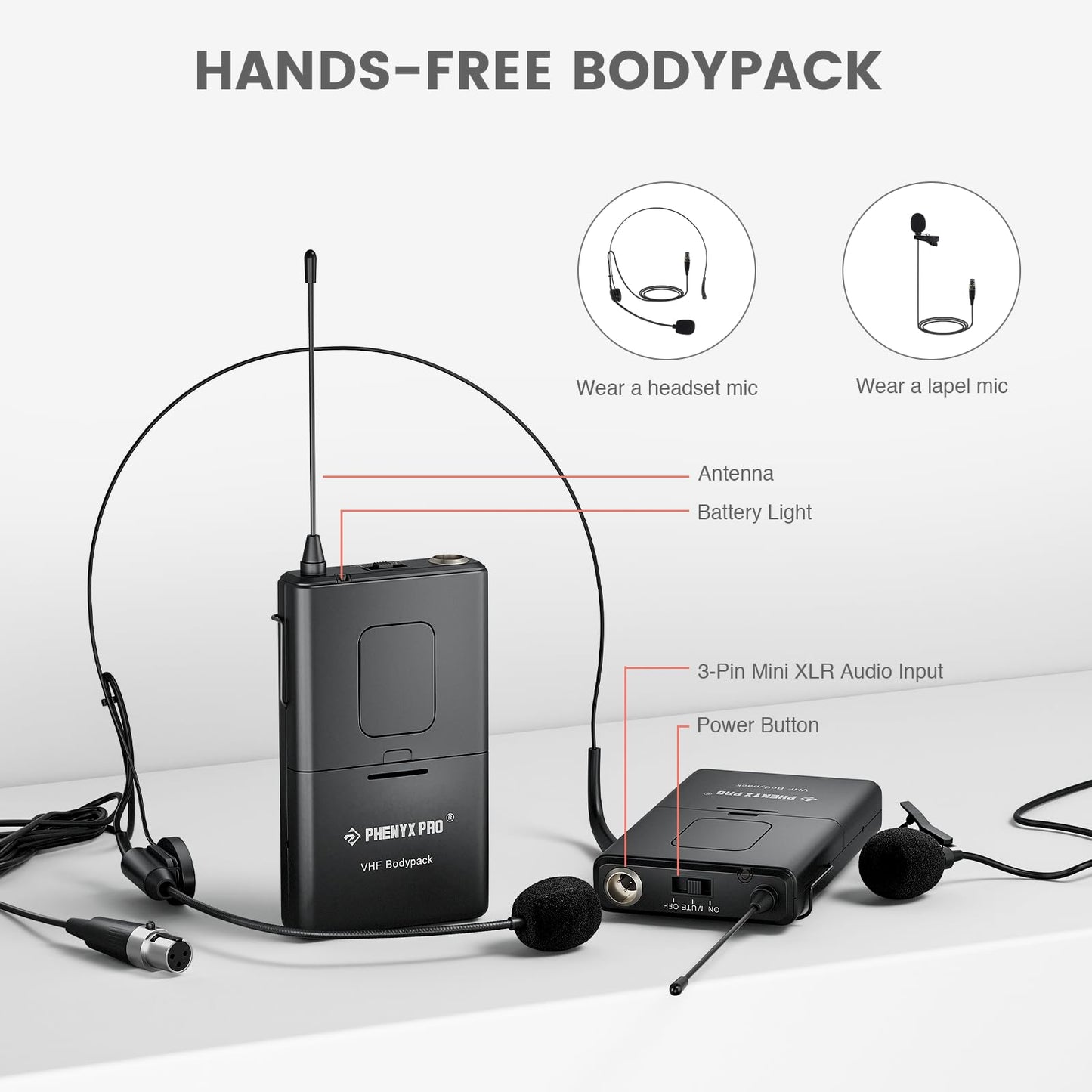 Sistema de Micrófono Inalámbrico VHF Phenyx Pro Negro con Receptor de Metal para Iglesia y Conferencia