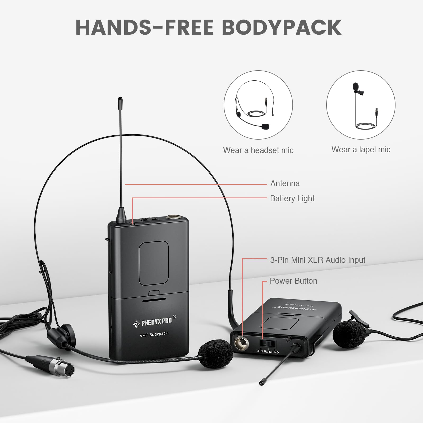Sistema de Micrófono Inalámbrico VHF Phenyx Pro Negro con Receptor de Metal para Iglesia y Conferencia