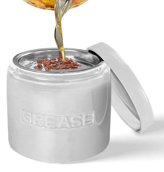 CYPRESS SUNRISE - Protector de grasa de tocino con colador, recipiente de cerámica de 32 onzas para cocina, sostiene aceite de goteo de grasa de tocino para reutilización, puede sostener aceite de