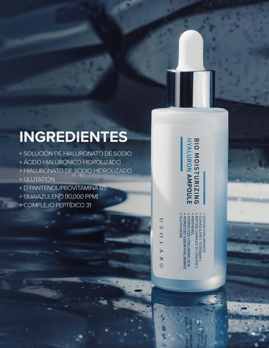 Sérum Hidratante USOLAB Skincare Coreano Bio Moisturizing Hyaluron Ampoule - Hidrata y Reafirma (50ml) - Con Ácido Hialurónico y Glutatión - Origen Surcoreano