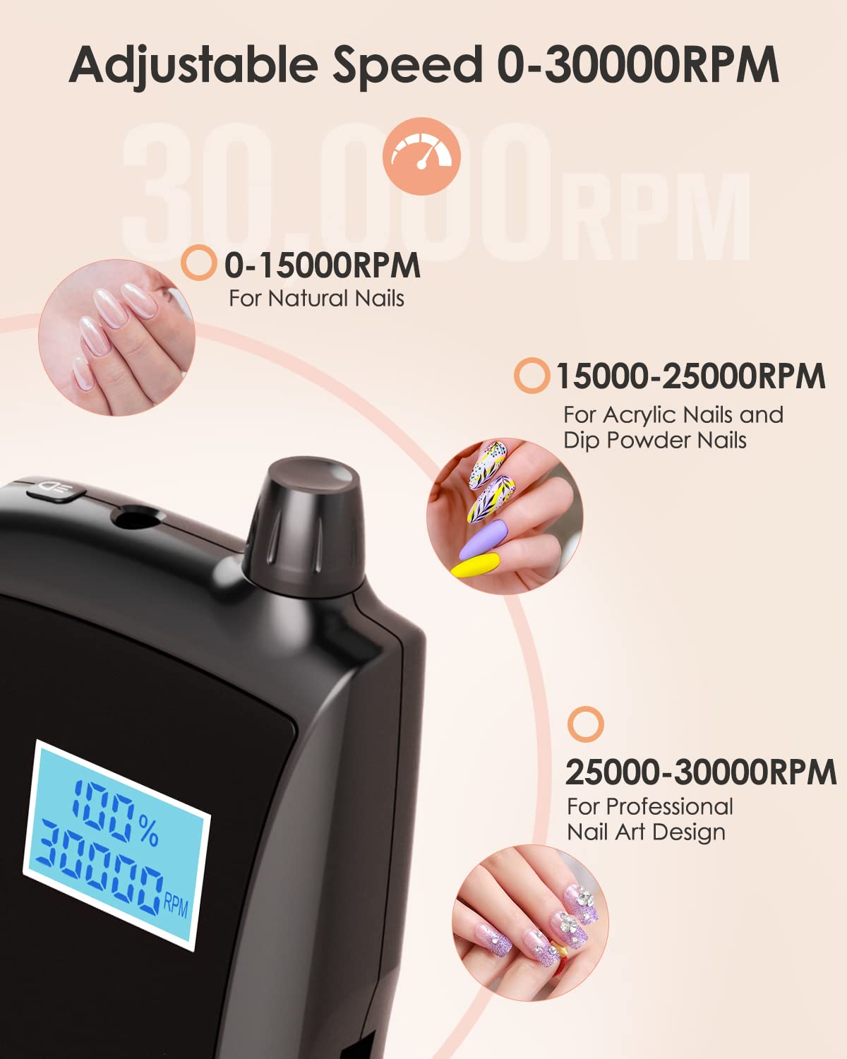 Máquina de Taladro de Uñas Beloving Recargable con Visualización de Velocidad y Brocas Rosa para Manicura y Pedicura Profesional