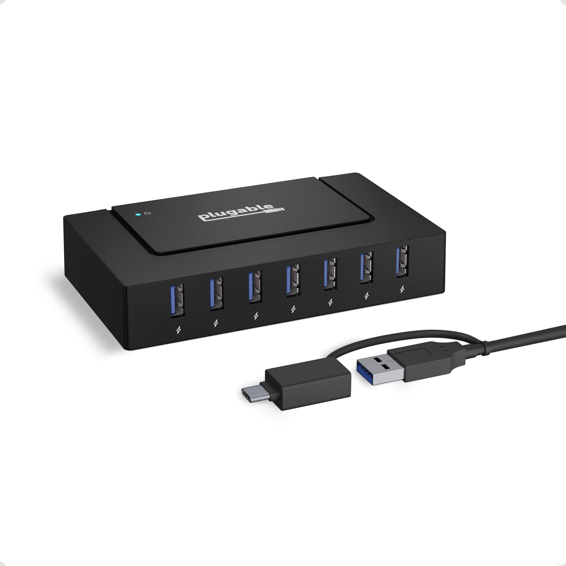 Hub de Carga USB Plugable Negro de 7 Puertos con USB-C para Transferencia de Datos y Alimentación de 60W