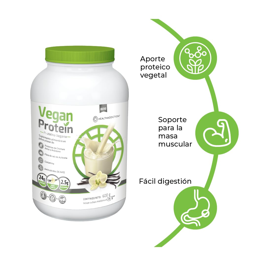 HEALTHADDICTION - Proteína Vegana con Sabor a Vainilla, Fórmula Potenciada con Glutamina y Aminoácidos, 24g de Proteína y 2.5g de Glutamina por Porción - Ingredientes Naturales, Presentación de 600g