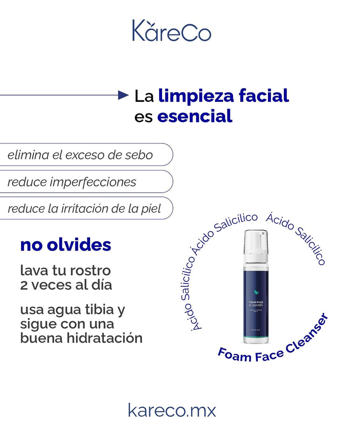 KareCo FOAM FACE CLEANSER Limpiador facial | Jabón facial en espuma | para limpieza profunda que combate imperfecciones, dejando tu piel fresca, suave y equilibrada | ideal para tu skin care diario.