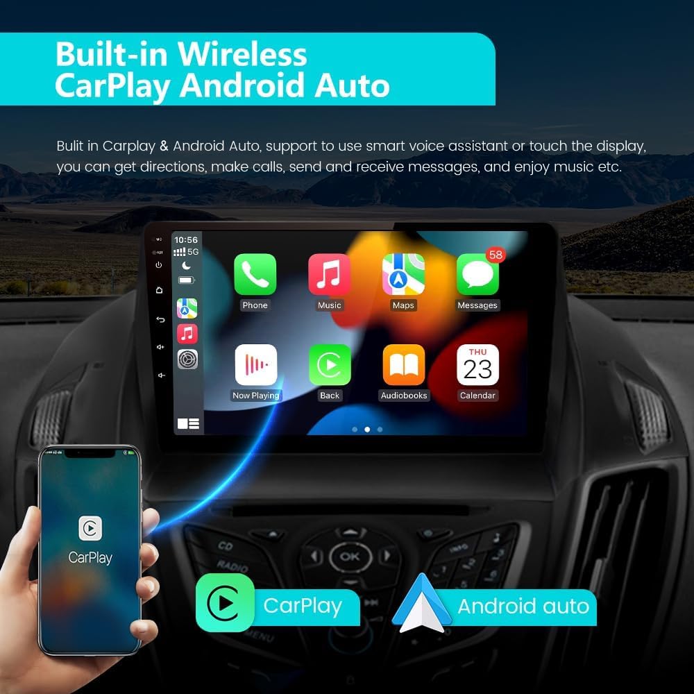 Radio de coche Android 13 compatible con Ford Escape 2013-2016 con cámara inversa, visualización táctil de 9 pulgadas con GPS/FM/WiFi/cámara inversa, compatible con SWC Wireless CarPlay Android Auto
