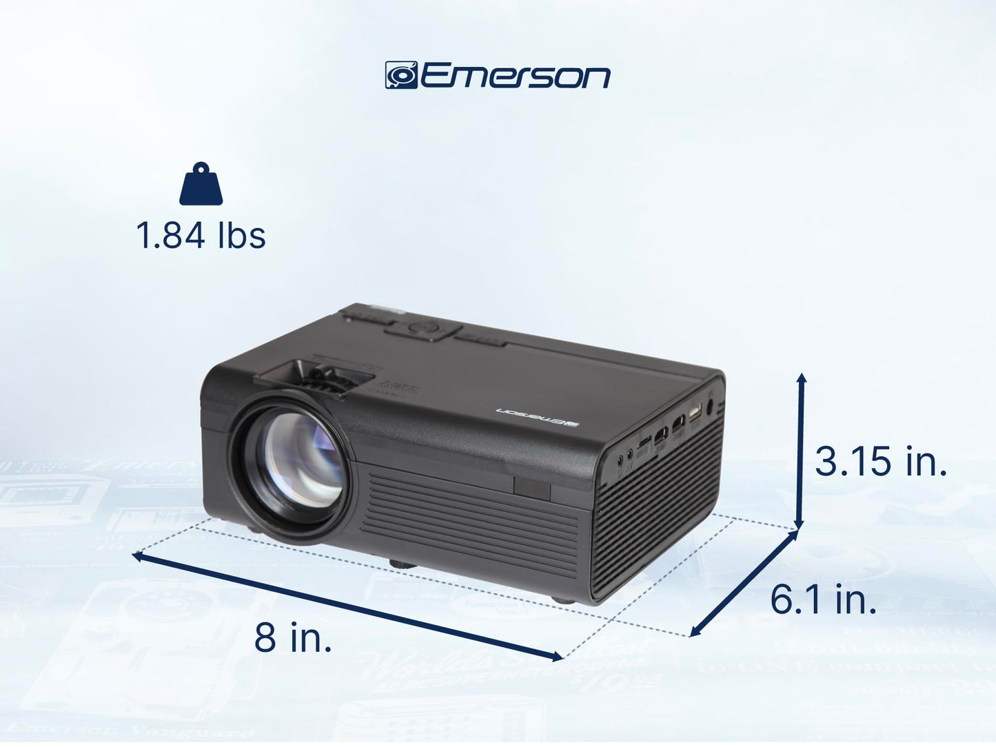 Emerson EVP-1000 Proyector LCD portátil de Cine en casa de 150 Pulgadas con entradas HDMI y USB, conectividad Bluetooth, Altavoz estéreo, Control Remoto, Ideal para Interiores y Exteriores