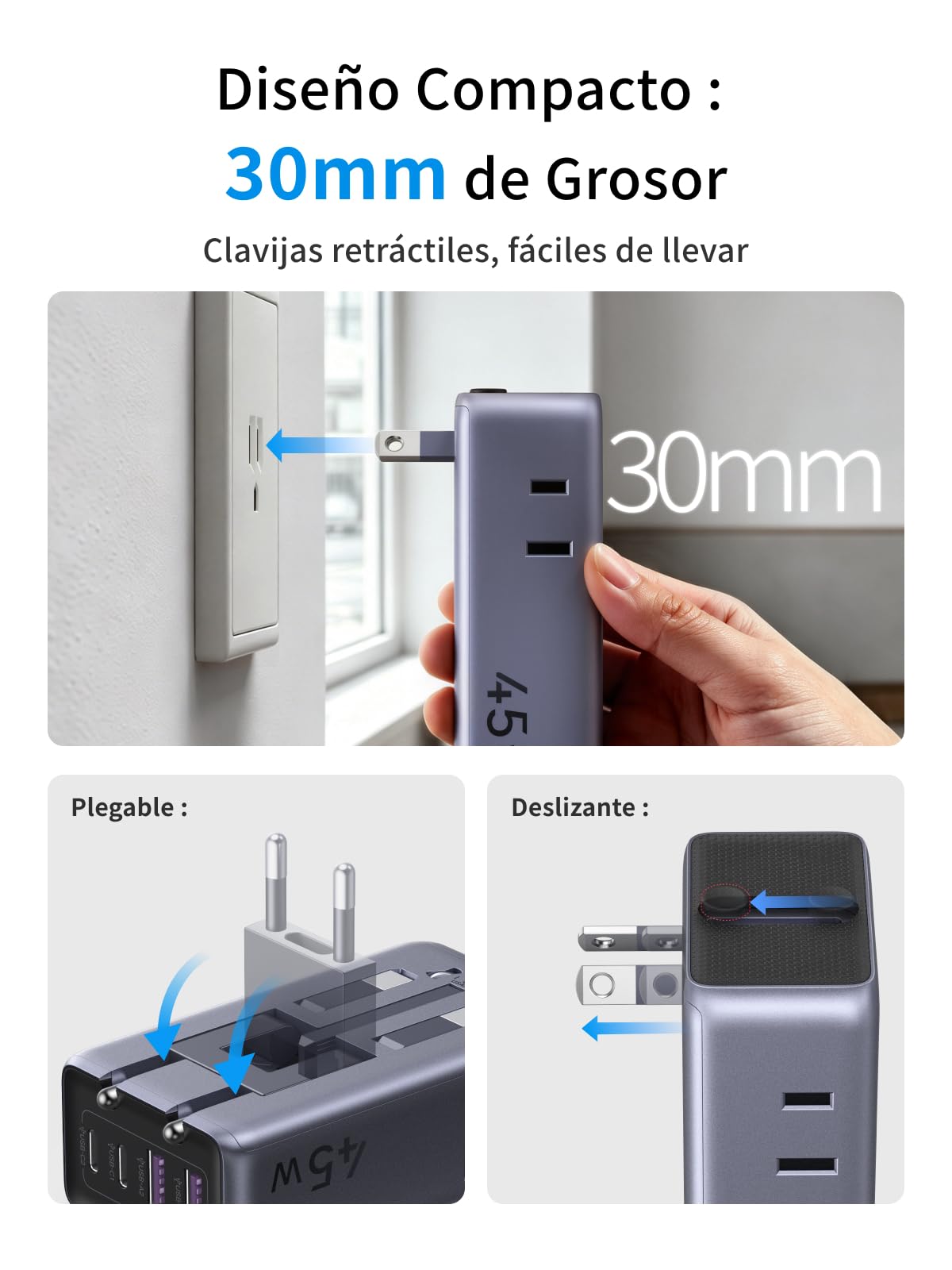 Adaptador Universal de Viaje UGREEN Europeo PD 45W GAN 6 en 1