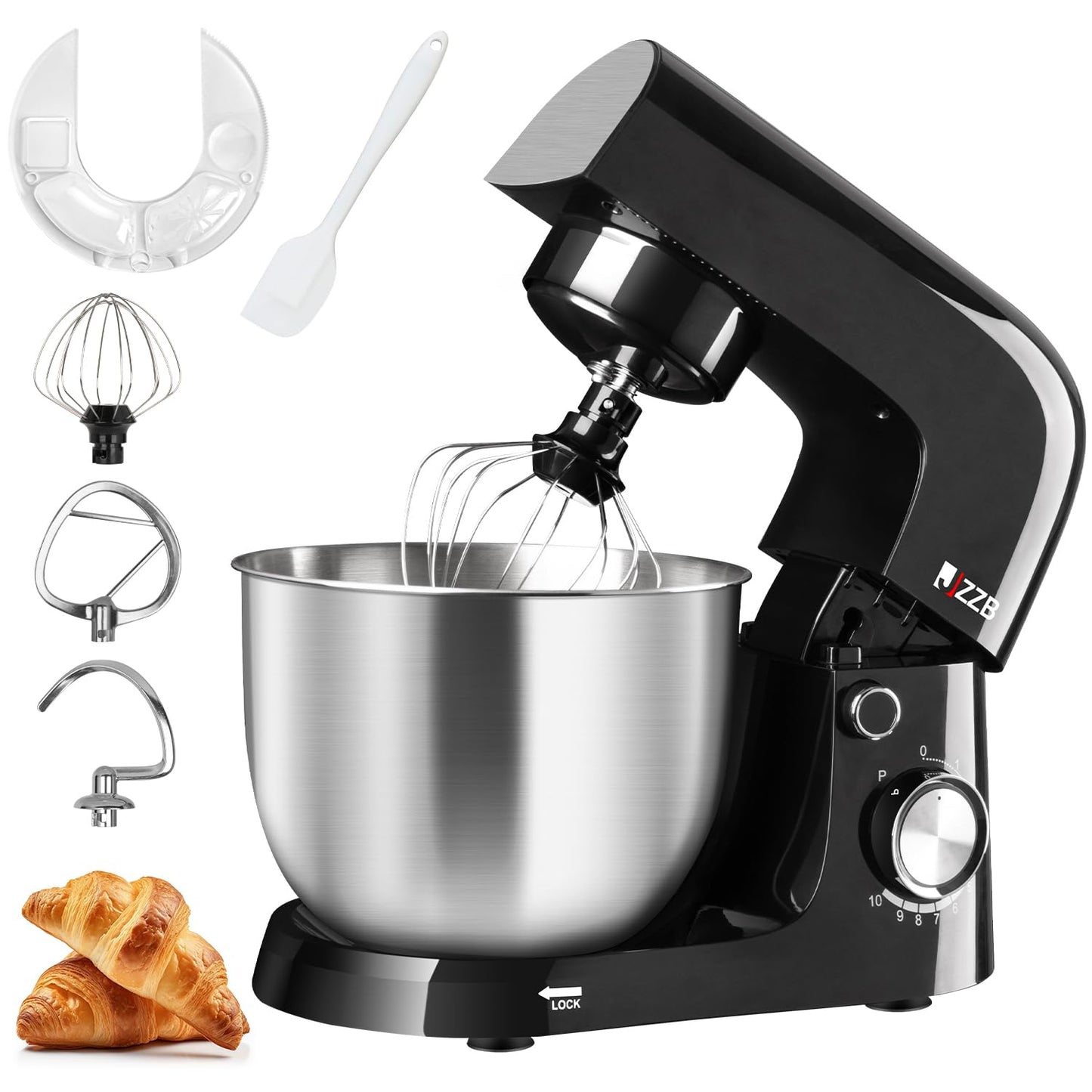 Batidora de Pedestal JZZB Negra de 10 Velocidades con 6 Accesorios para Repostería y Panadería en el Hogar