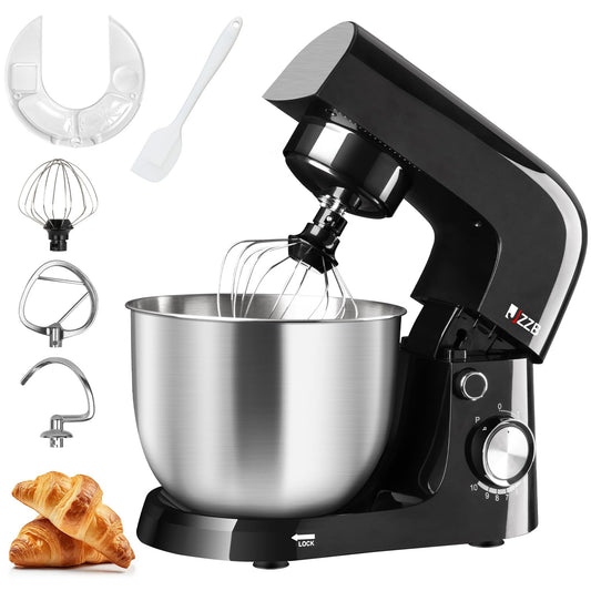 Batidora de Pedestal JZZB Negra de 10 Velocidades con 6 Accesorios para Repostería y Panadería en el Hogar