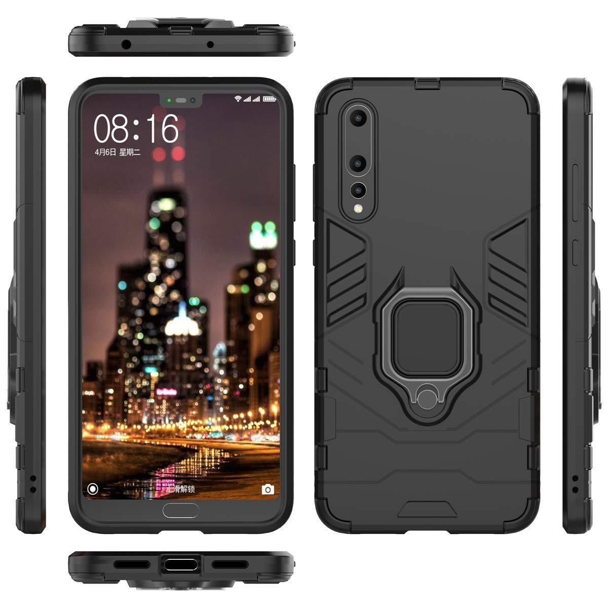 Compatible con Huawei P20 Pro Funda, Anillo Metálico Sujeción Soporte Antichoque Rígido Caja (Funciona con el Montaje de Coche Magnético) Doble Capa Sólido Case Carcasa para Huawei P20 Pro (Negro)