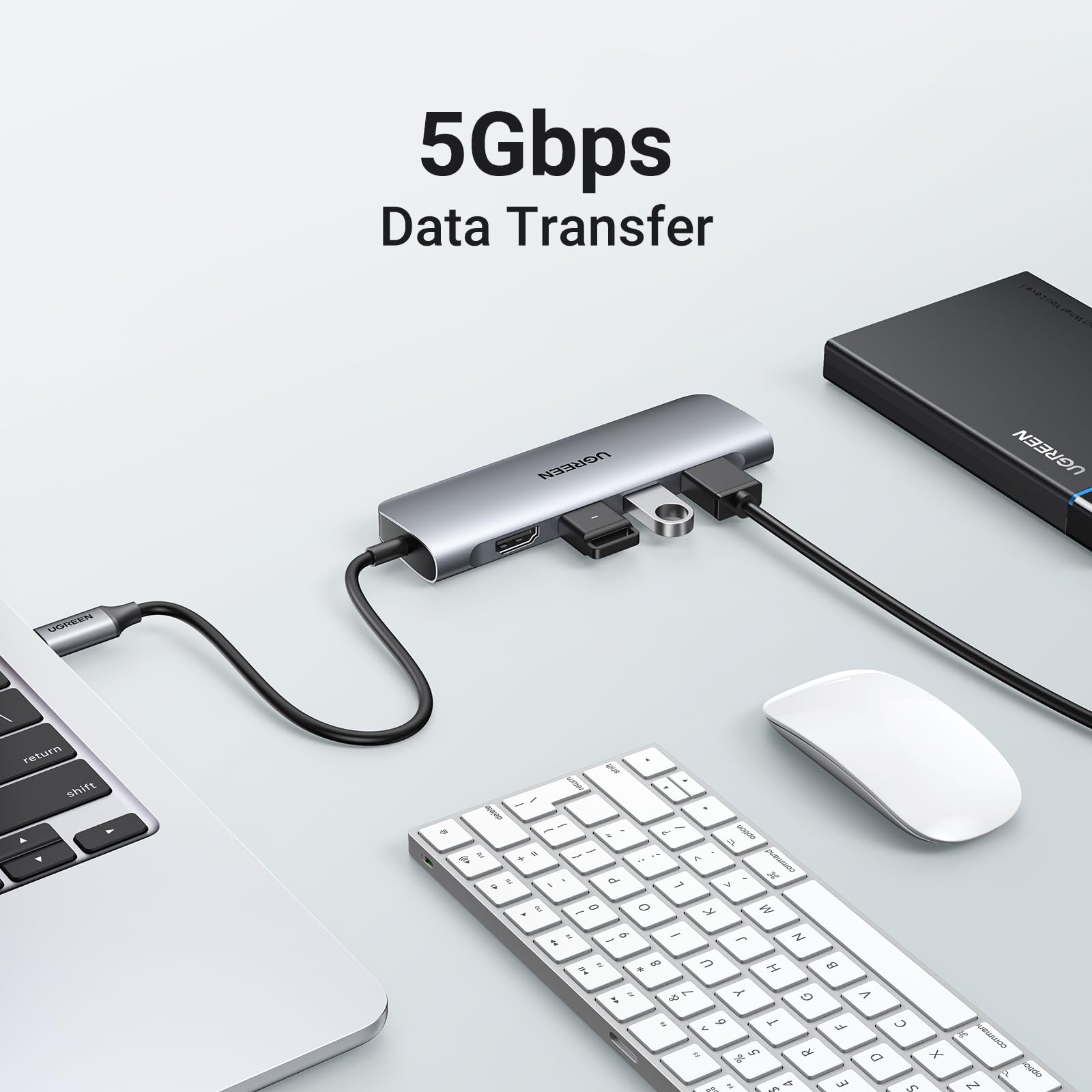 Adaptador USB C UGREEN HDMI 4K Plata con Lector de Tarjeta y 3 USB 3.0