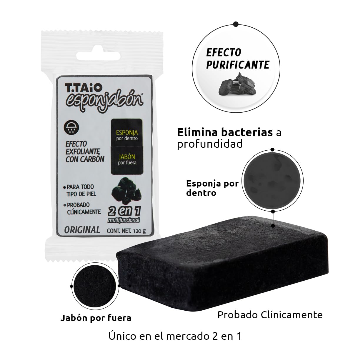 Jabón Corporal con Esponja Integrada 2 en 1, Exfoliación Suave, Aroma Carbón Activado, Pack 10 Piezas, ESPONJABON T.TAIO