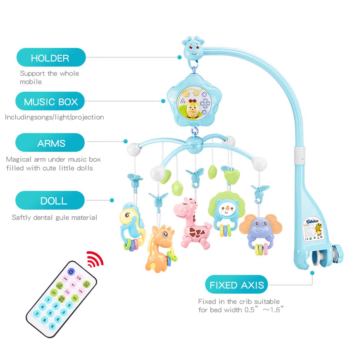 Baby Mobile for Crib, Baby Plush Crib Mobile with Lights and Music,Remote,Toys, Holder,Projector for Pack and Play (Blue) (Blue-Forest)