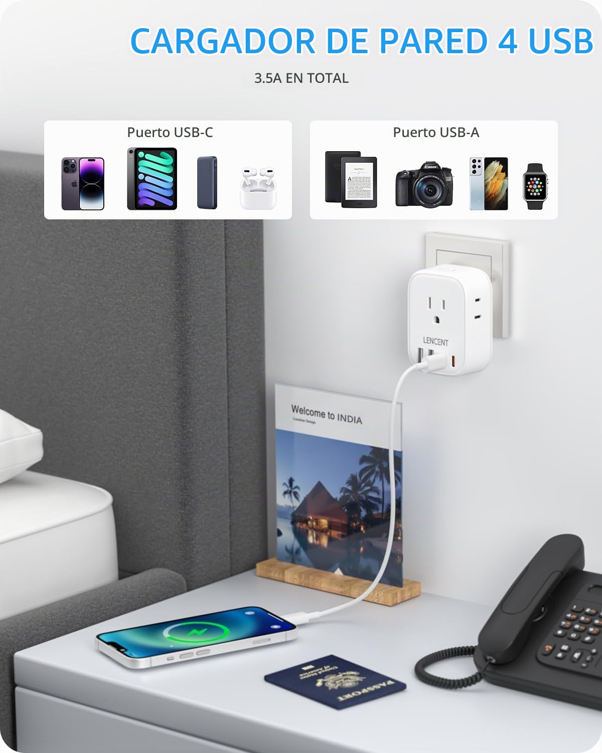 Adaptador de Corriente LENCENT Blanco con 4 Tomas CA