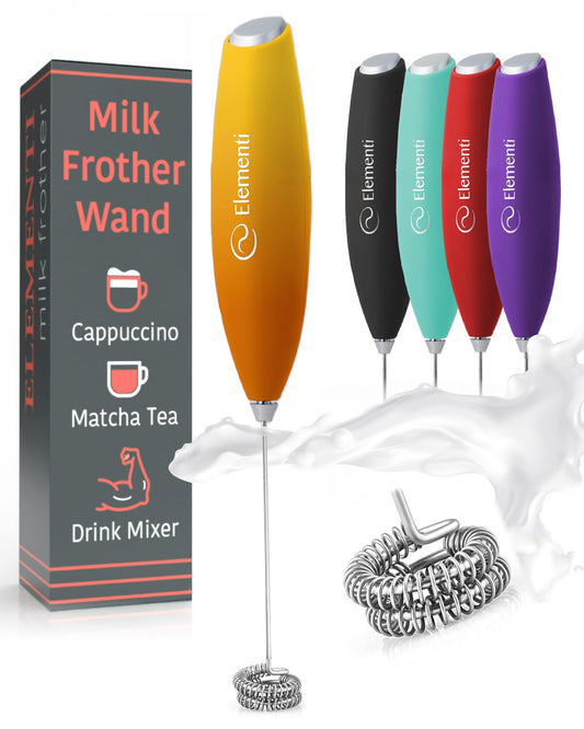 Elementi - Espumador de leche doble de mano, espumador de café, agitador eléctrico y batidor matcha - Mezclador de bebidas de mano para café - Salida del sol