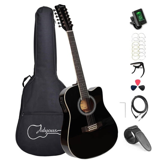 Jidyous Dreadnought Docerola 4/4 Guitarra Electroacústica 12 cuerdas con octavado, con Funda Acolchada, afinadores, Correas,cuerdas, paletas, capó, cable para guitarra, soul, para Principiantes