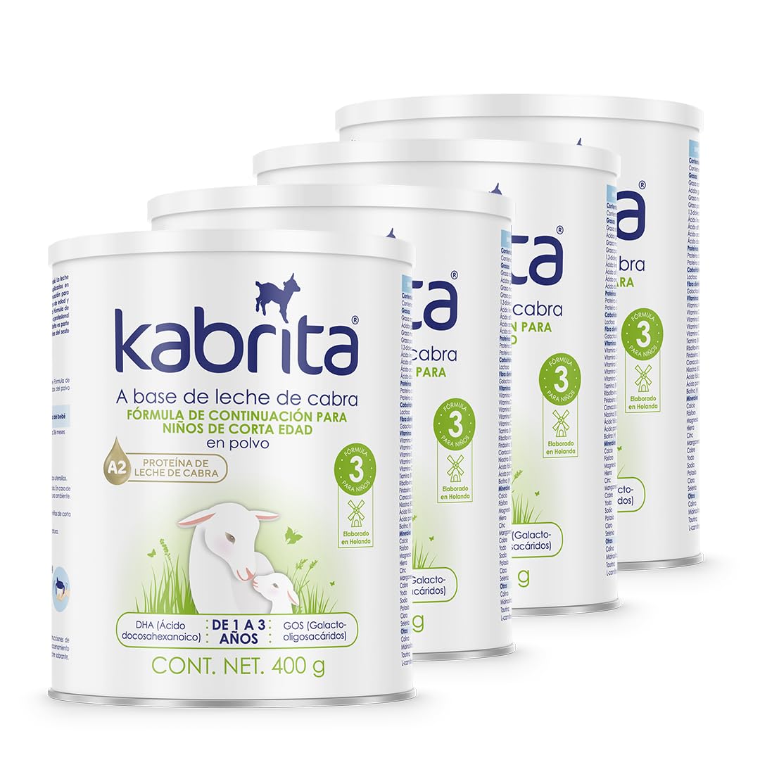 Kabrita Fórmula Infantil de Leche de Cabra de Fácil Digestión para Niños de 1 a 3 Años | Con Proteína A2, Vitamina D, Hierro, Omegas y Prebióticos, sin Azúcares Añadidos | Pack de 4 Latas (4 X 400g = 1.6 kg)