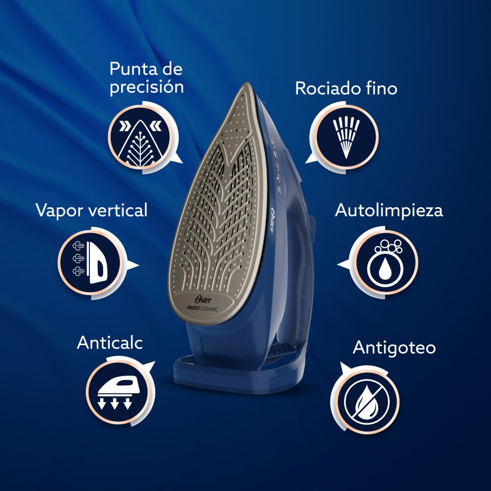 Oster Plancha de Vapor, AeroGlide Plus S7400, con Golpe de Vapor 200 g/min, Recubrimiento Metálico Cerámico, Suela con más Cobertura, Tecnología Aeroceramic, Antigoteo, Azul Oscuro, GCSTAC7401-013