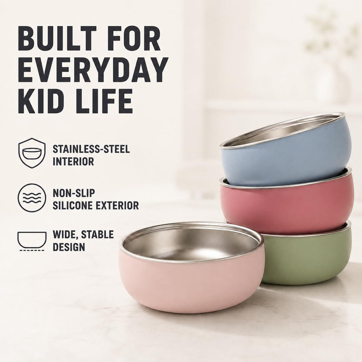 Monkey Proof - tazón para niños de acero inoxidable no tóxico de 5 pulgadas con carcasa de silicona antideslizante, (juego de 4 tazones) irrompible, sin desorden para bebés, niños pequeños, sin BPA