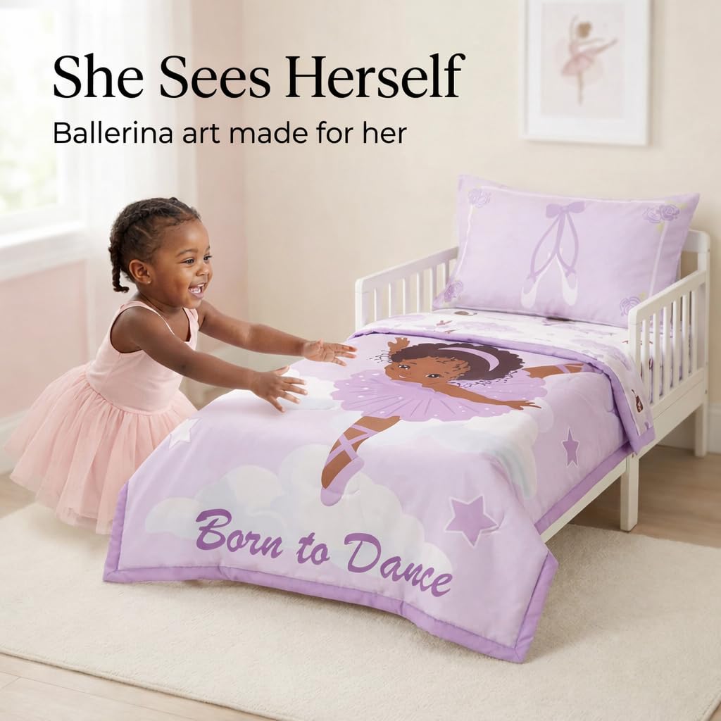 EVERYDAY KIDS - Juego de ropa de cama de 4 piezas para niños, bailarina afroamericana, incluye edredón, sábana encimera, sábana bajera ajustable y funda de almohada reversible, ropa de cama para niñas