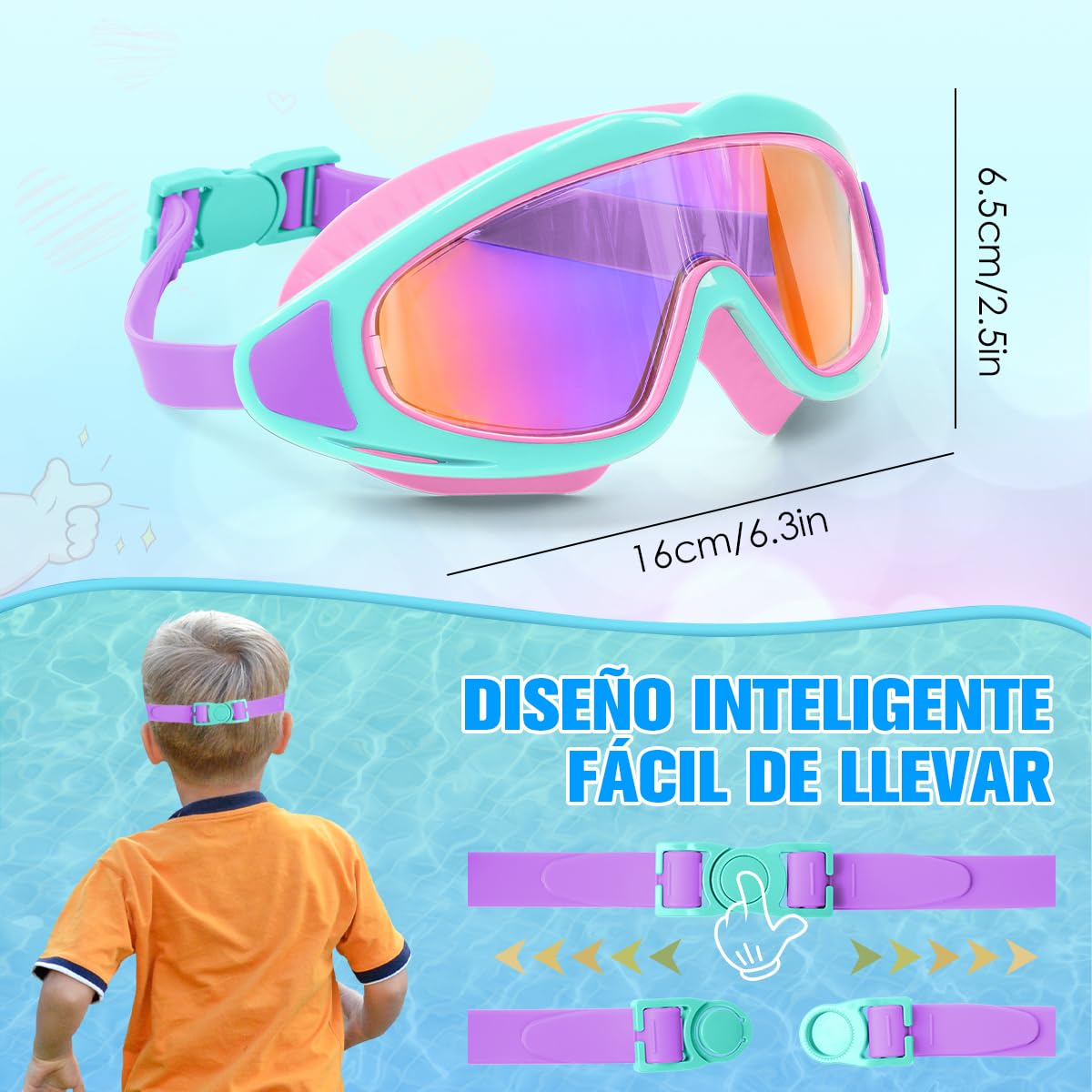 Gafas de Natación para Niños, Goggles para Niños, Gafas de Natación Antivaho y Antifugas, Anteojos de Natación Ajustables de Silicona, Protección UV, Adecuado para Niños y Niñas de 3 a 16 años