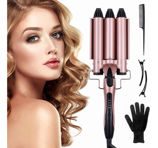 Rizador de Cabello, Rizador de Pelo Profesional con 3 Varillas Temperatura Ajustable, Rizadora para Cabello Triple Tubo de 25mm, se Calienta Rápidamente para Mujer Cabello Largo/Corto y Viajero Rega