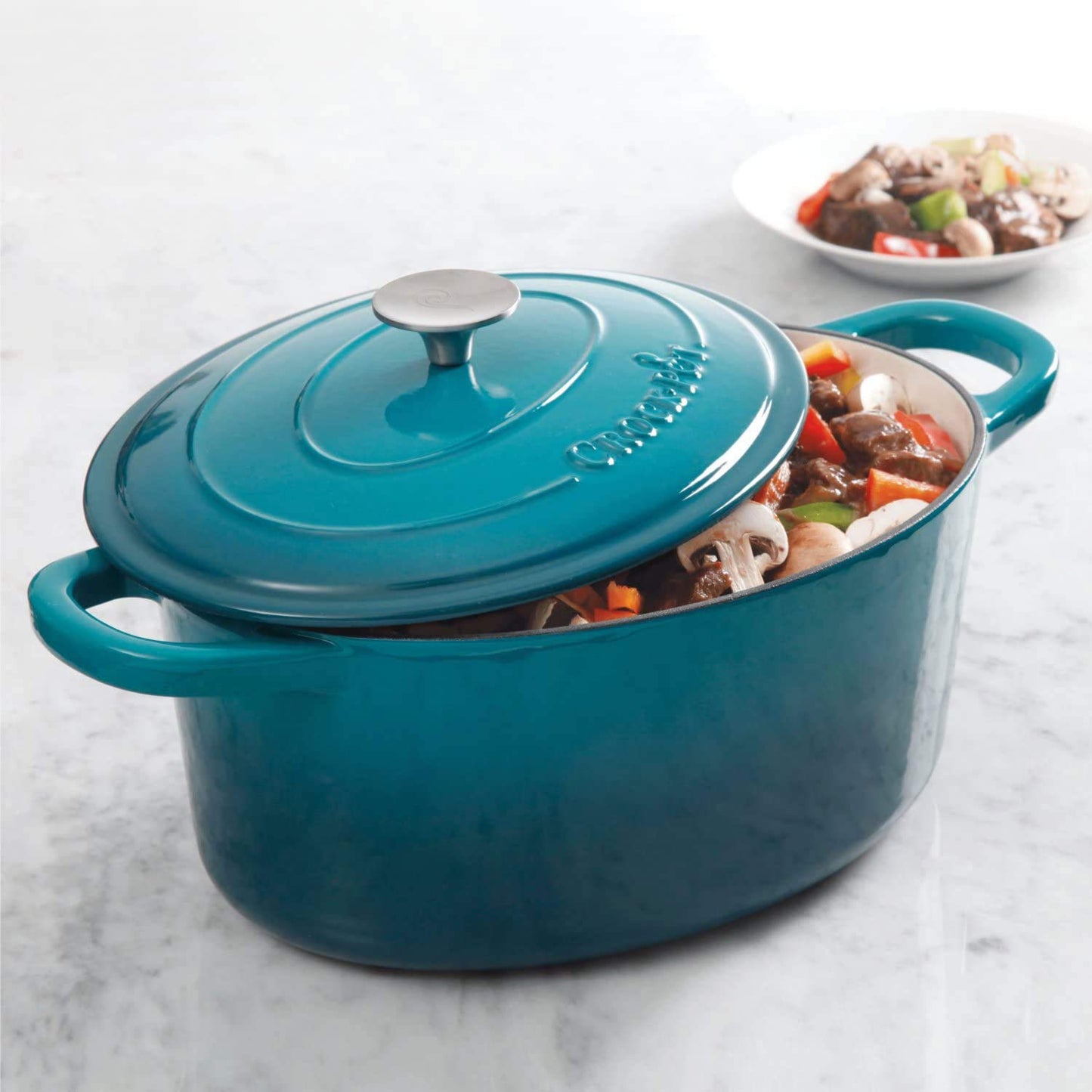 Crock Pot Olla, Horno ovalado holandés, Verde azulado, 7-Quart, 1