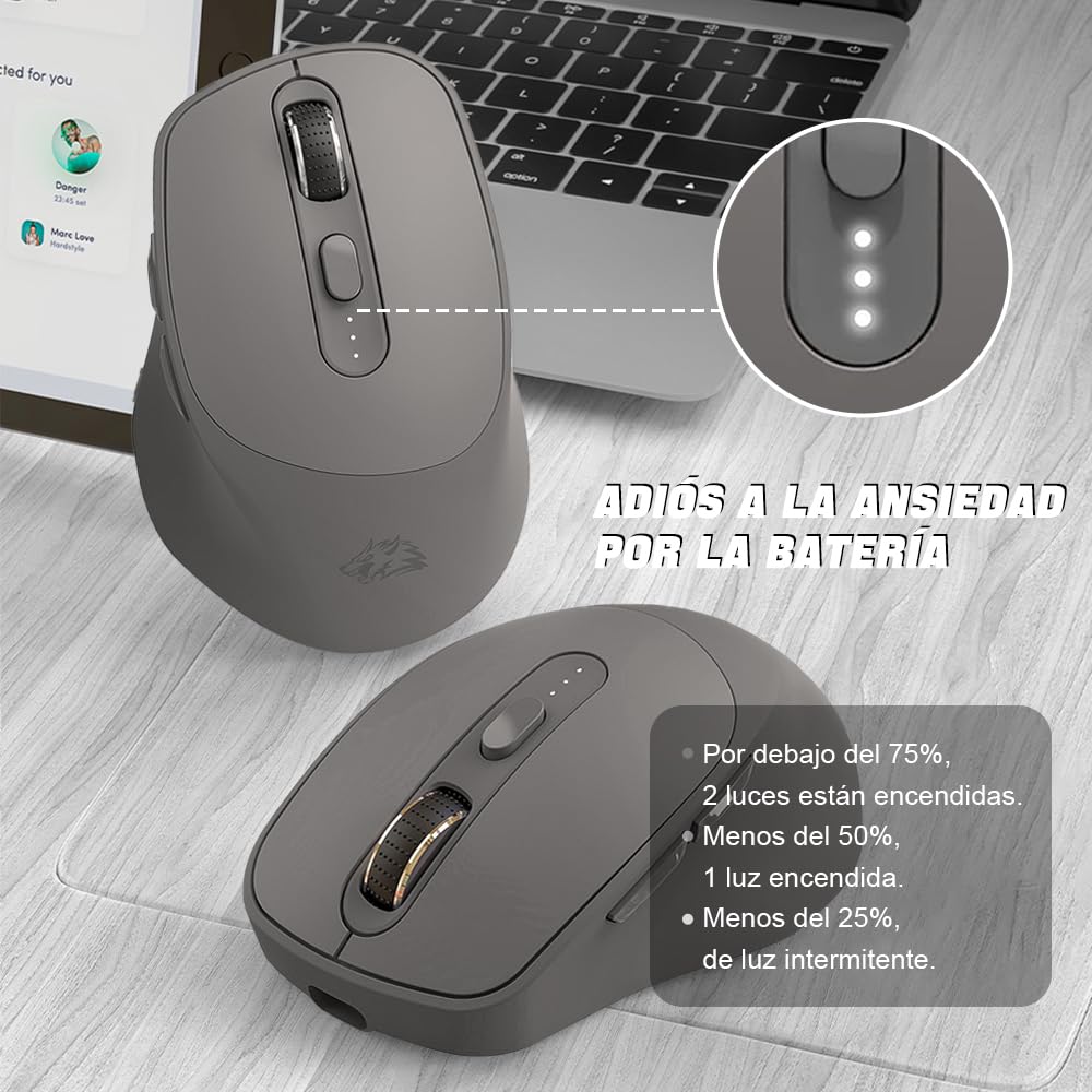 Free wolf X7 Mouse Inalámbrico, Mouse Bluetooth/2.4G Modos Dual, Ratón Recargable y Ergonómico con Indicador de Batería, Click Silencioso, para Computadora, Portátil, Tableta, Teléfono (Negro)