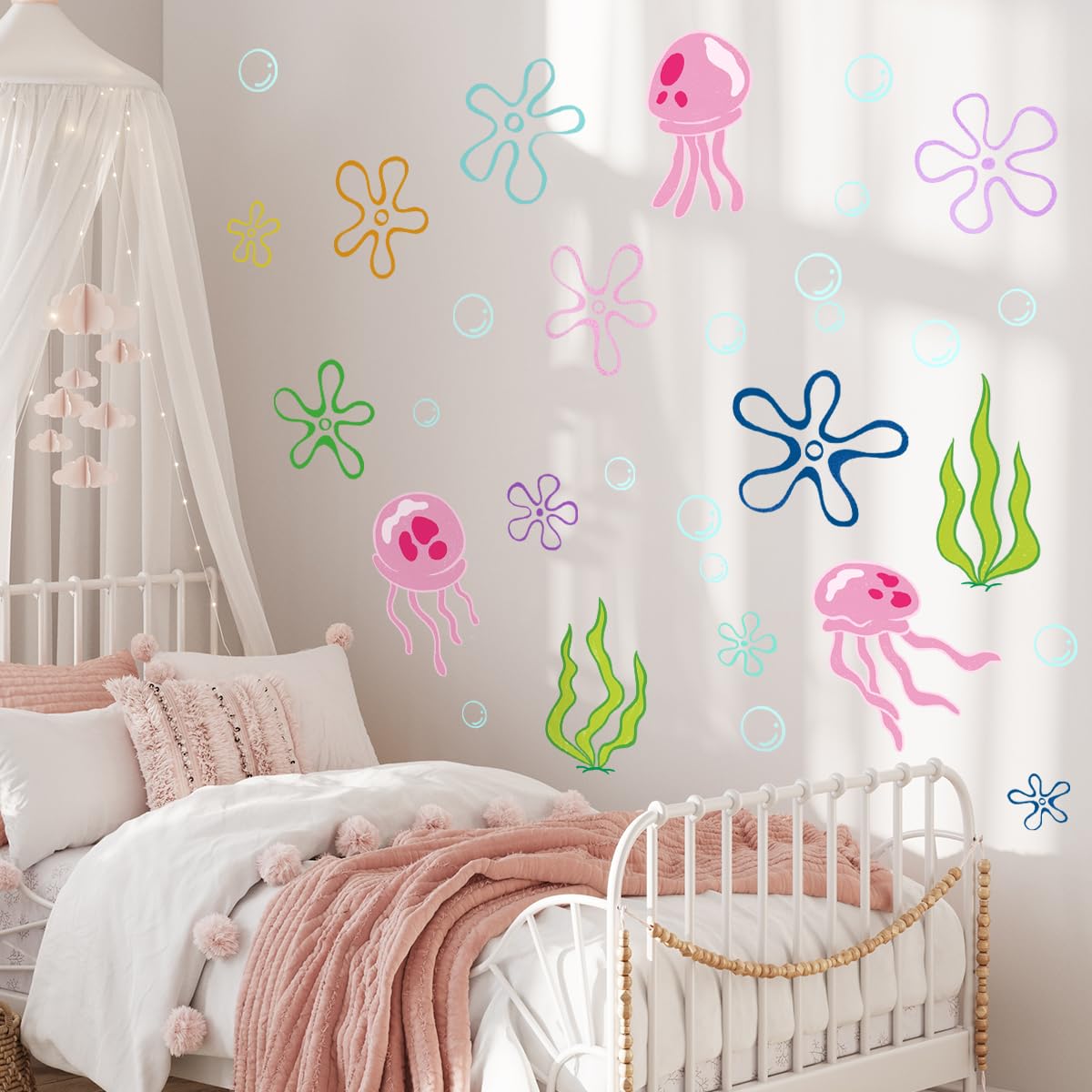 Calcomanías de pared con burbujas de medusas bajo el mar, calcomanías de pared debajo del mar, vinilo extraíble debajo del mar, calcomanías de pared subacuáticas para bebé, cuarto de estar, oficina