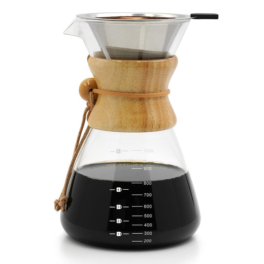 Cafetera De Vidrio 1000ML con Filtro de Acero Inoxidable 304 para Goteo Manual