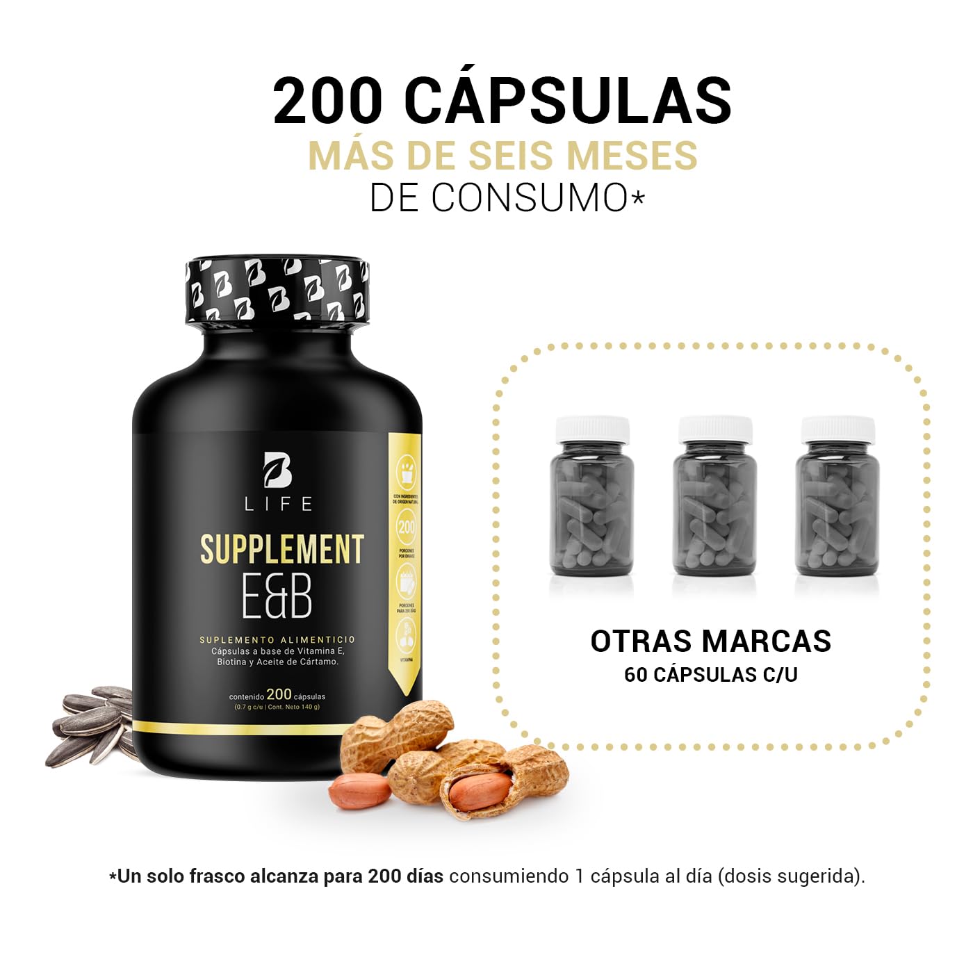 B Life Company Vitamina E + Biotina de 200 Cápsulas. Ingredientes naturales. Supplement E&B.